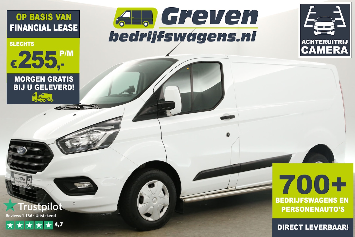 Ford Transit Custom - 2.0 TDCI L2H1 Airco Camera Cruise Navi PDC 3 Persoons Stoelverwarming Sidebars Trekhaak - AutoWereld.nl