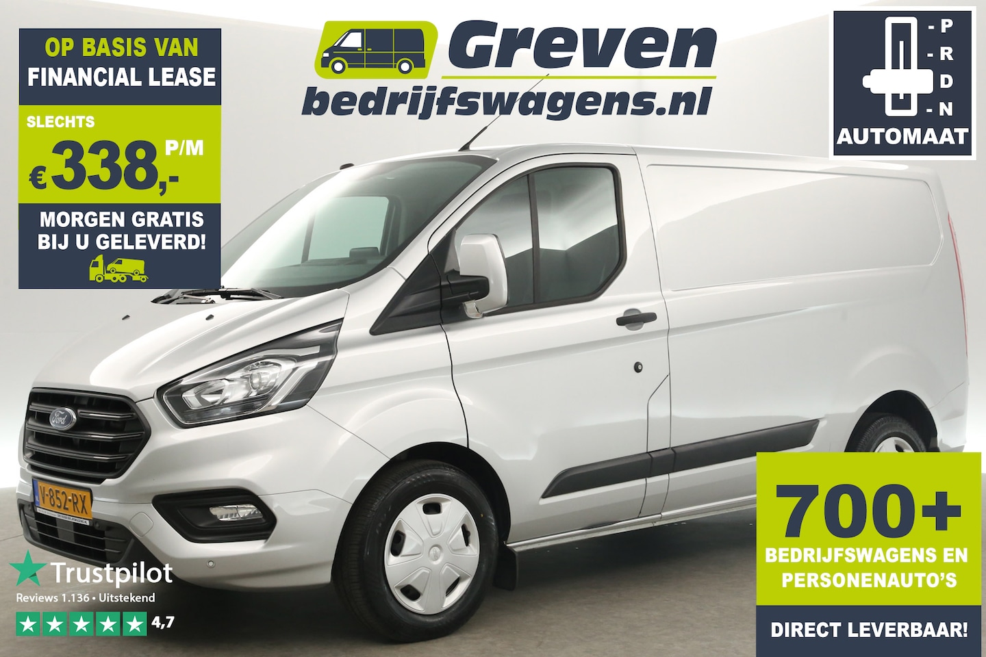 Ford Transit Custom - 2.0 TDCI L1H1 Automaat Airco Cruise Camera Carplay Navigatie PDC 3 Persoons LED Elektrpakk - AutoWereld.nl