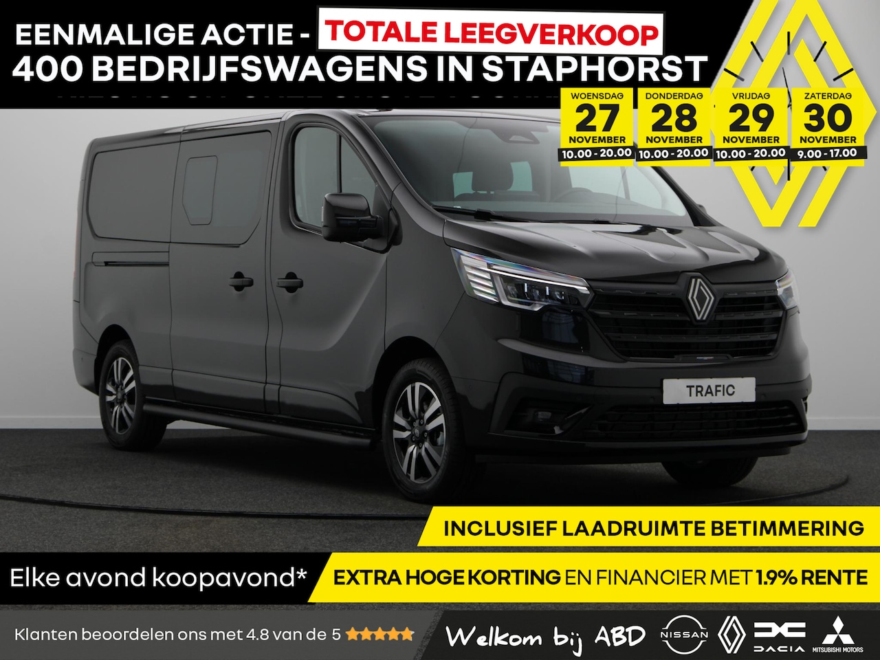 Renault Trafic - 2.0 Blue dCi EDC 170 T29 L2H1 Extra DC | Anniversary | Sidebars | Zwarte logo's | Glassloo - AutoWereld.nl