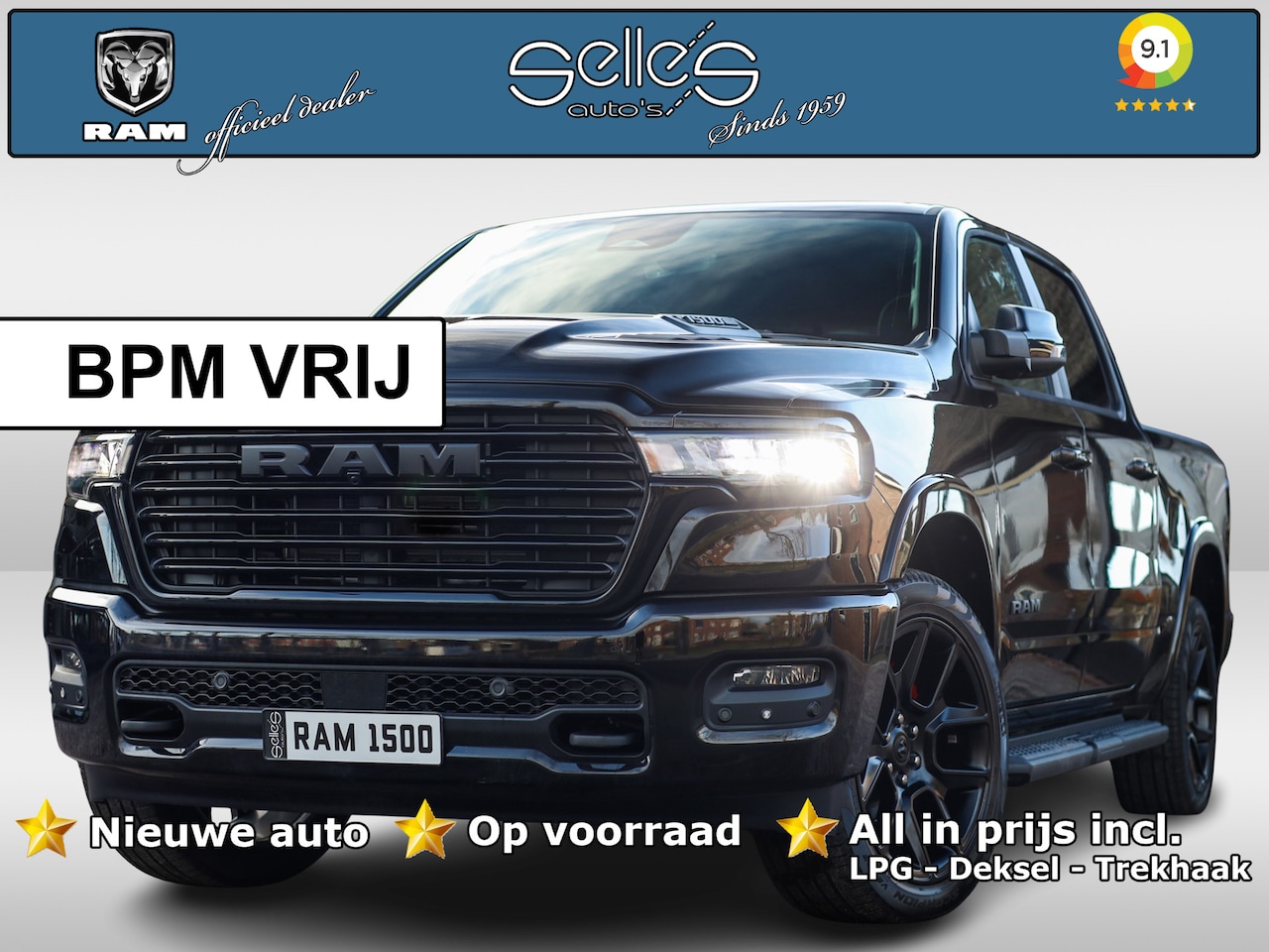 Dodge Ram 1500 - 2025 3.0L HURRICANE LARAMIE Night | BPM VRIJ | NIEUW | LPG | Deksel  | Panoramadak - AutoWereld.nl