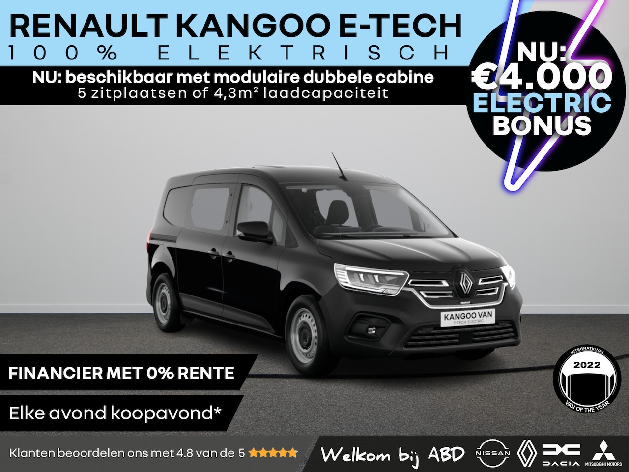 Renault Kangoo E-Tech - Dubbele Cabine L2H1 44kWh 120 1AT Advance | Cruise control en snelheidsbegrenzer | Elektri - AutoWereld.nl