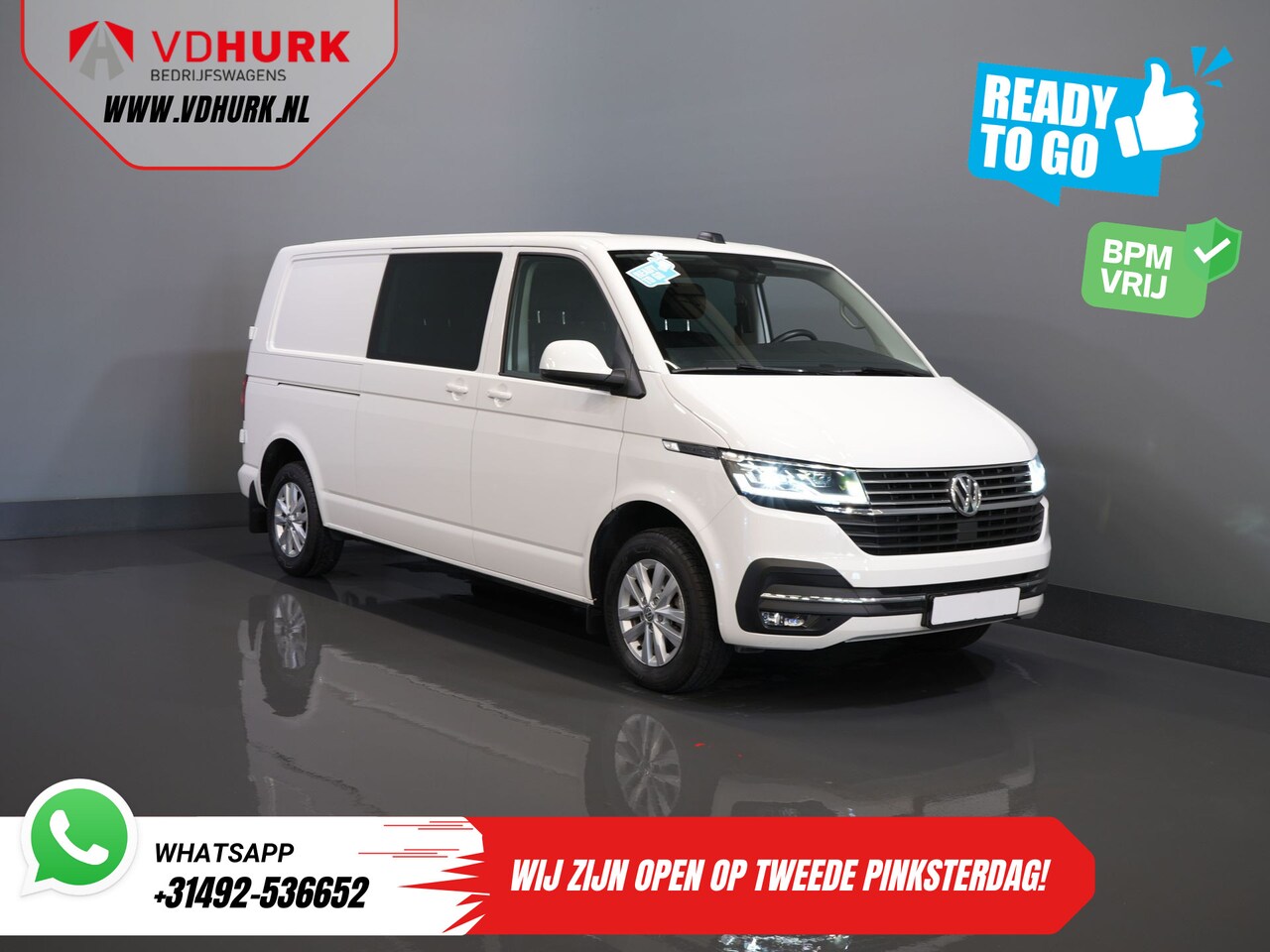 Volkswagen Transporter - 2.0 TDI 150 pk Aut. L2 DC Dubbel Cabine BPM VRIJ! Ready2Go 2xSchuifdeur/ Adapt Cruise/ LED - AutoWereld.nl