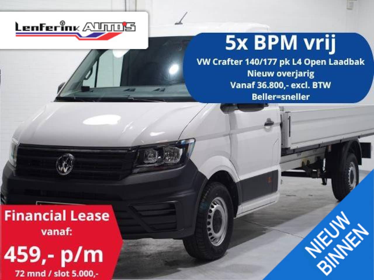 Volkswagen Crafter - 2.0 TDI 140 pk L4 Pick Up / Open Laadbak Airco Cruise Control, 3-Zits, LxBxH 430x203x40 cm - AutoWereld.nl