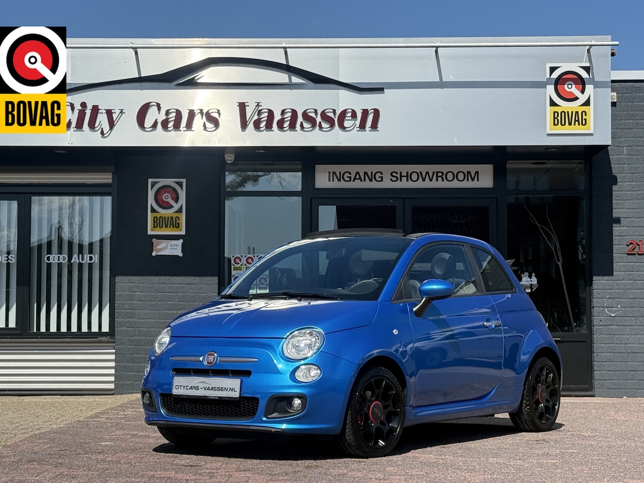 Fiat 500 C - 0.9 TwinAir Turbo S sport cabrio 105 pk climate ctr half leder/stof  bleu& me lmv 16 inch - AutoWereld.nl