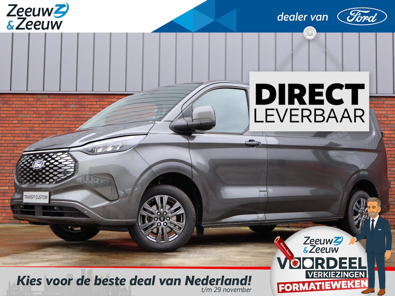 Ford Transit Custom - E-Transit 320 L2H1 Limited 65 kWh | Ledverlichting | El. Trekhaak | Camera | 17" Lichtmeta - AutoWereld.nl