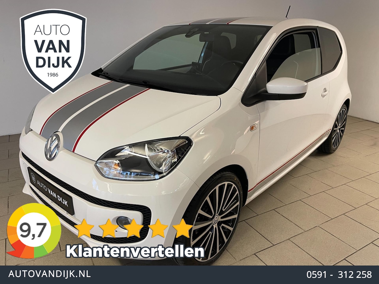 Volkswagen Up! - 1.0 High Up! 75PK AIRCO NAVI CRUISE LEER POLYGON VELG FENDER AUTO STOELVERW PDC STRIPING P - AutoWereld.nl