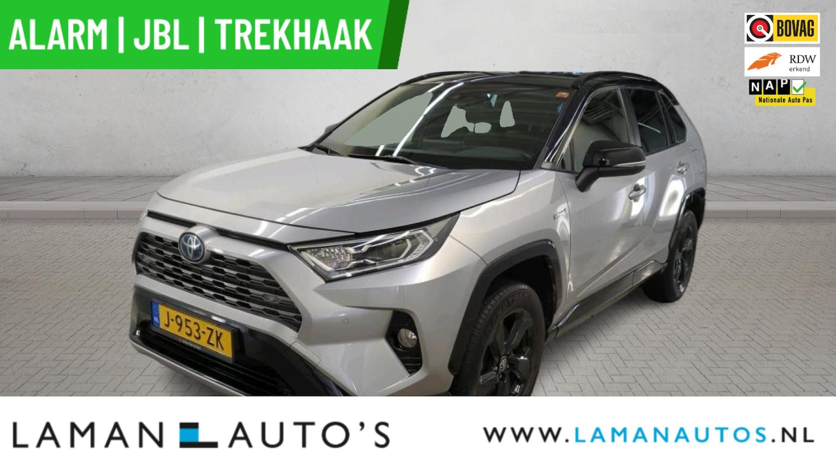 Toyota RAV4 - 2.5 Hybrid 218pk Bi-Tone | Alarm JBL CarPlay Halfleder Trekhaak ECC Nav 18" LMV ACC Camera - AutoWereld.nl