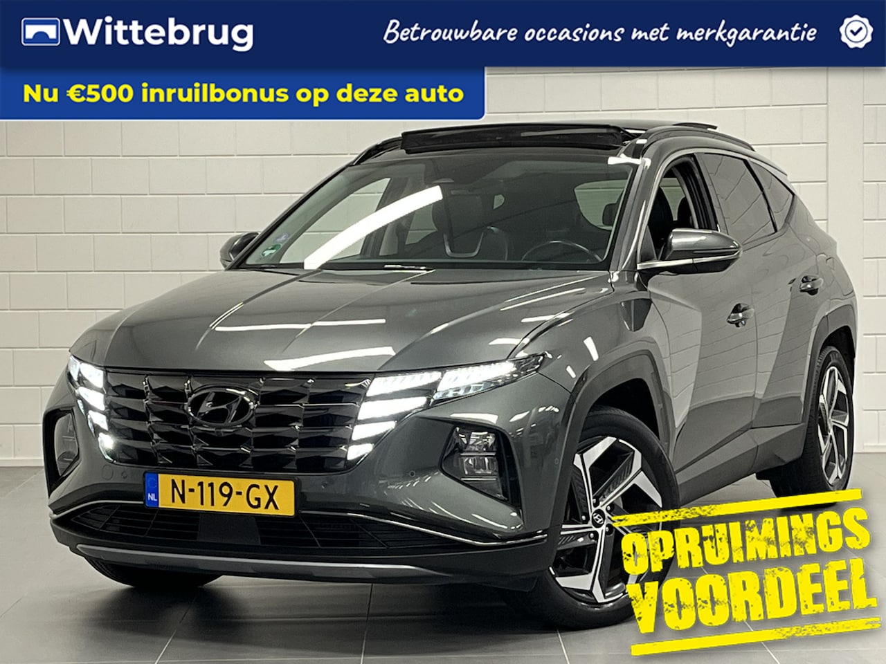 Hyundai Tucson - 1.6 T-GDI HEV Premium Sky TREKHAAK 1650 KG TREKGEWICHT! | PANORAMADAK | LEDER | BOMVOL OPT - AutoWereld.nl