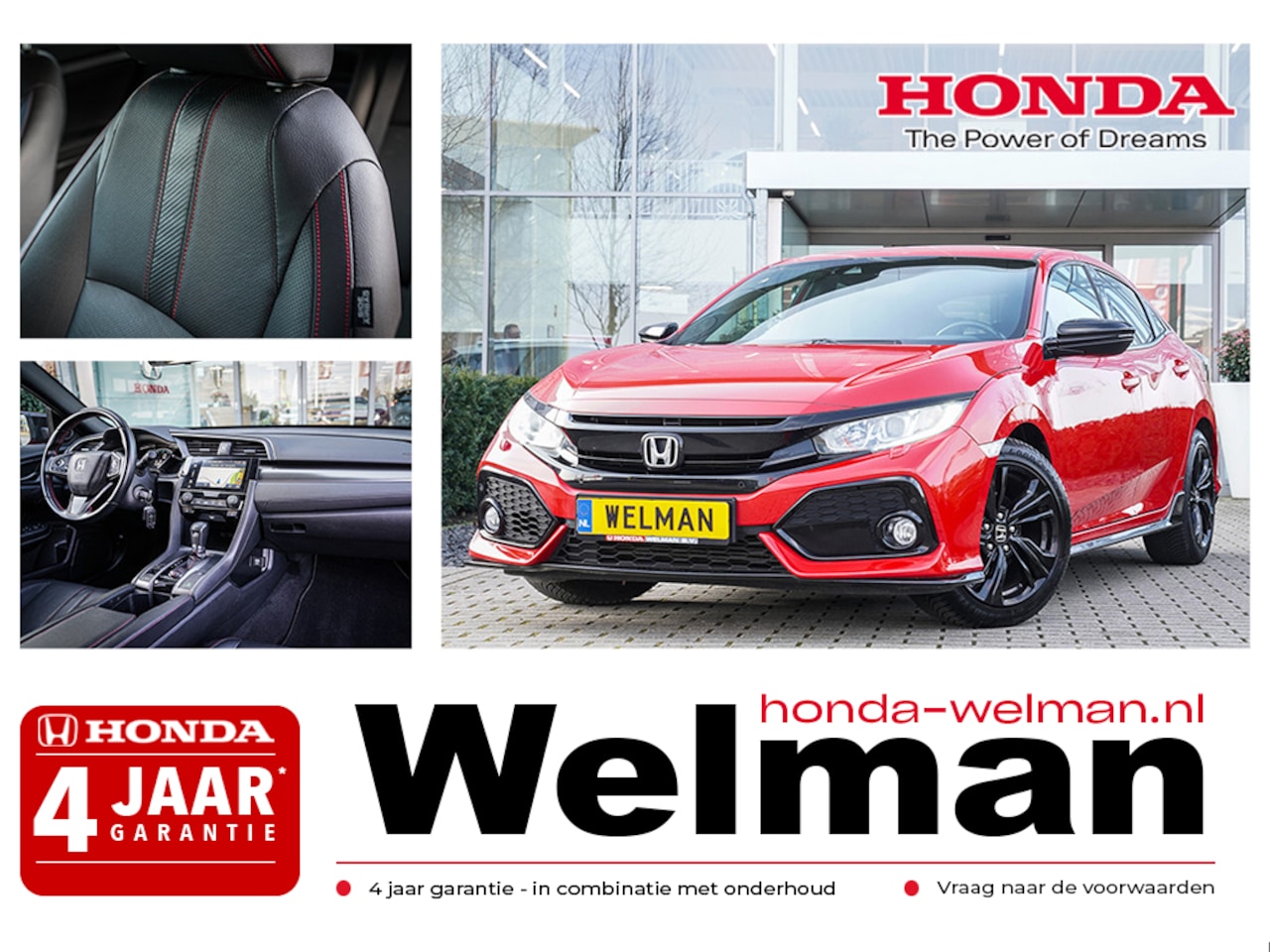 Honda Civic - 1.0i VTEC TURBO DYNAMIC BLACK PACK - AUTOMAAT - LEDER - ALL WEATHERS - AutoWereld.nl