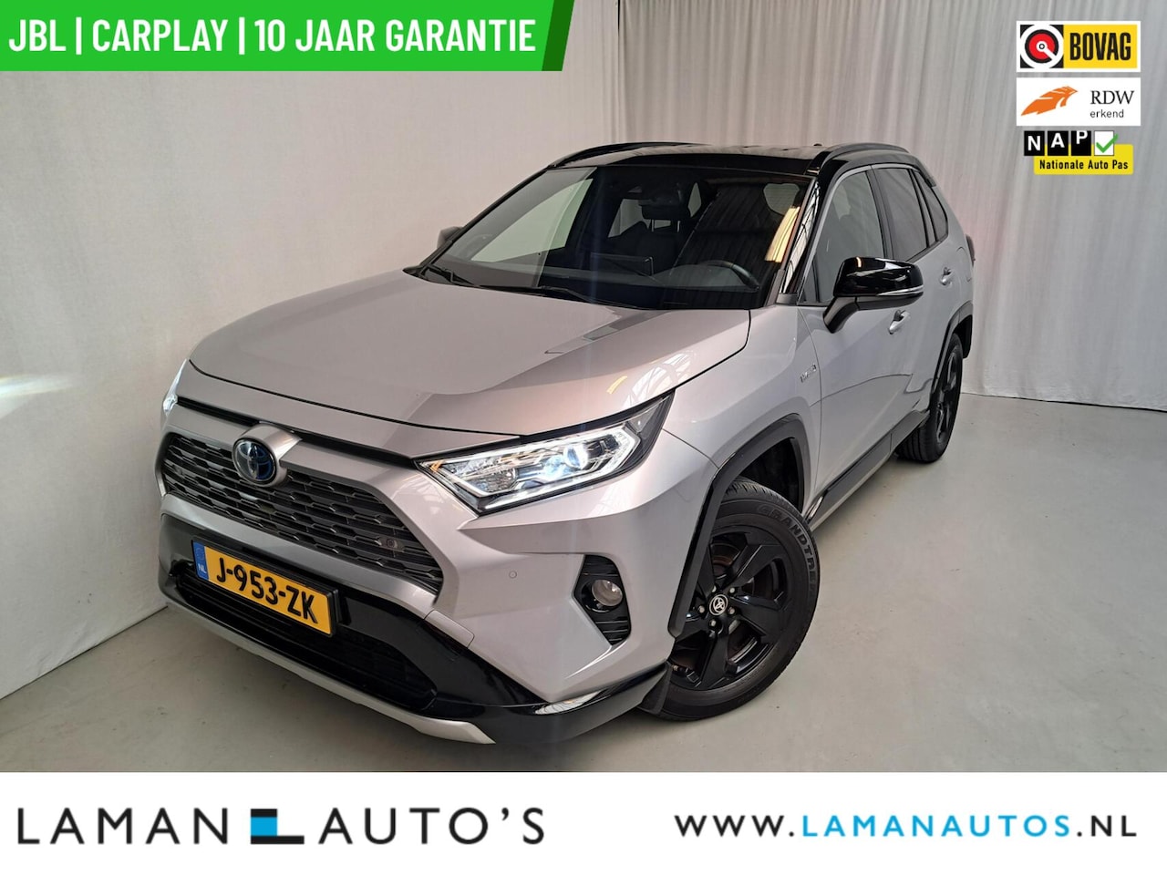 Toyota RAV4 - 2.5 Hybrid 218pk Bi-Tone | Alarm JBL CarPlay Halfleder Trekhaak ECC Nav 18" LMV ACC Camera - AutoWereld.nl