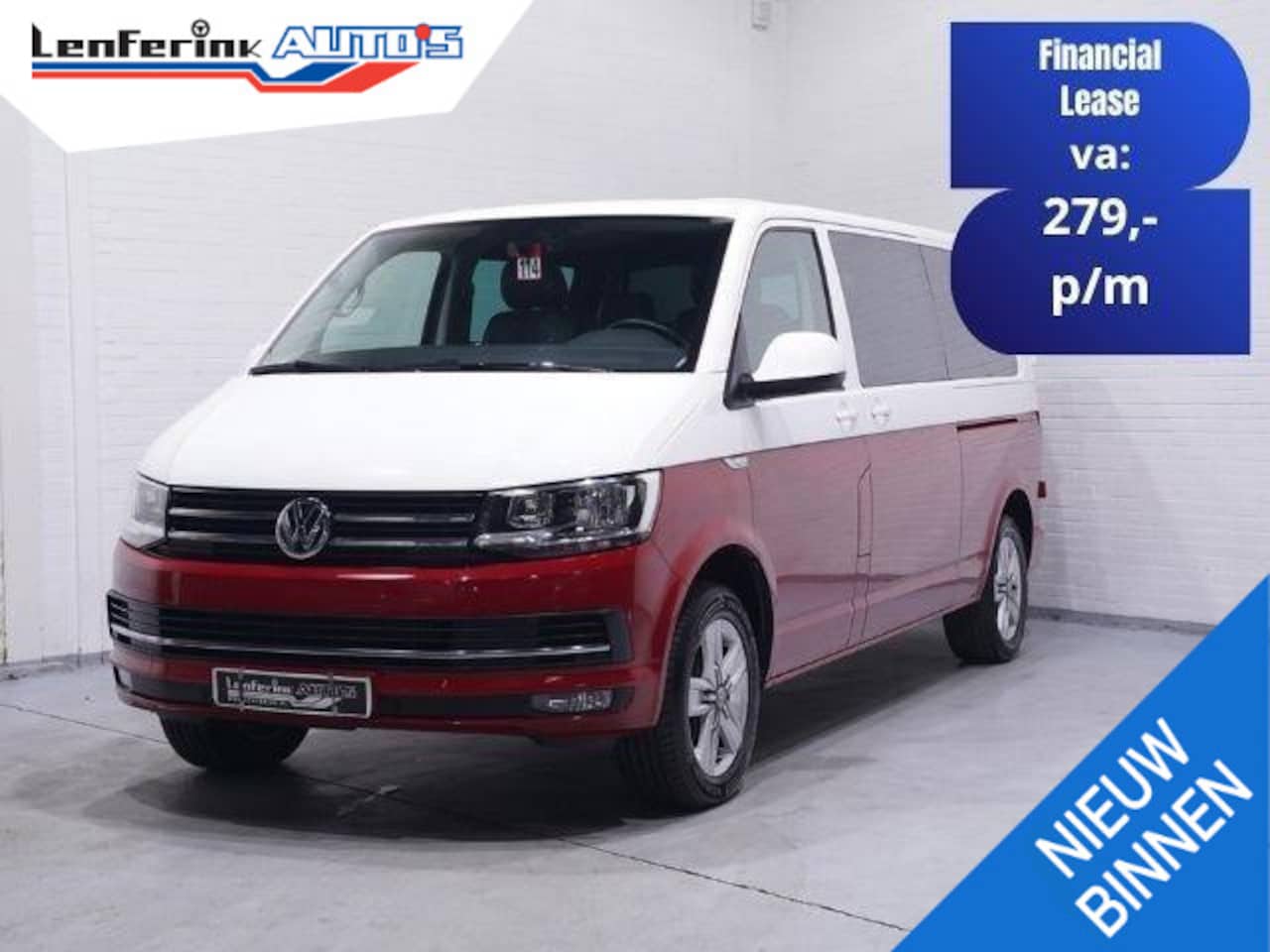 Volkswagen Transporter - 2.0 TDI L2H1 Dubbel Cabine 5-Zits, Two-tone Rood / Wit, 2x Schuifdeur, Navi, Leder, PDC V+ - AutoWereld.nl
