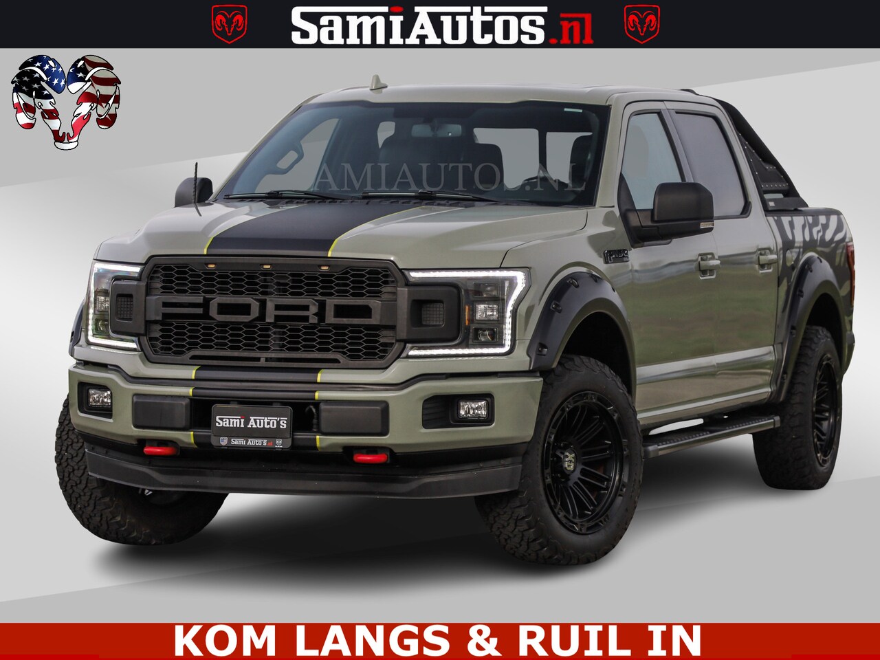 Ford F150 - 5.0 V8 4X4 | MAT OLIVE GREEN | ZEER DIK | CAMERA | 3500KG | PANORAMA | LEDER | GO RHINO RO - AutoWereld.nl