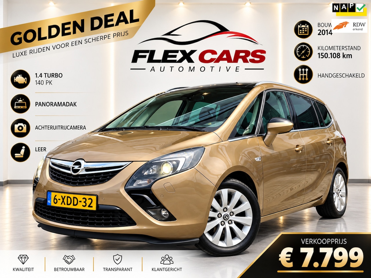 Opel Zafira Tourer - 1.4 Turbo 140 pk|PanoramaVoorraam|Leer|Stoelverwarming|Achteruitrijcamera|Pano - AutoWereld.nl
