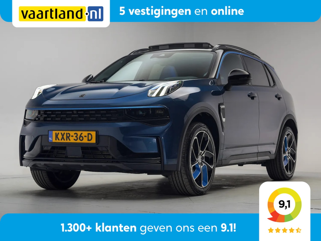 Lynk & Co 01 - 1.5 PHEV MY23 6,6kWh Blauw [ SOH 94,6% ] [ Zwarte hemel 360°cam Pano Navi ] - AutoWereld.nl