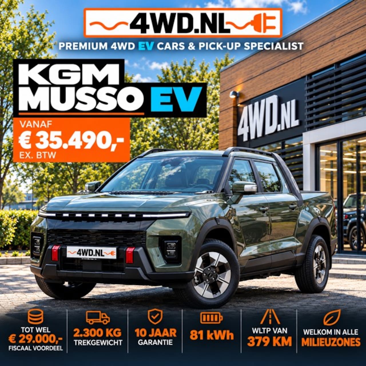KGM Musso EV - 82 KW PICK UP 5 pers 1800 KG trekhaak va. € 35.490,- excl. btw Unieke GREEN LABEL PICK UP - AutoWereld.nl