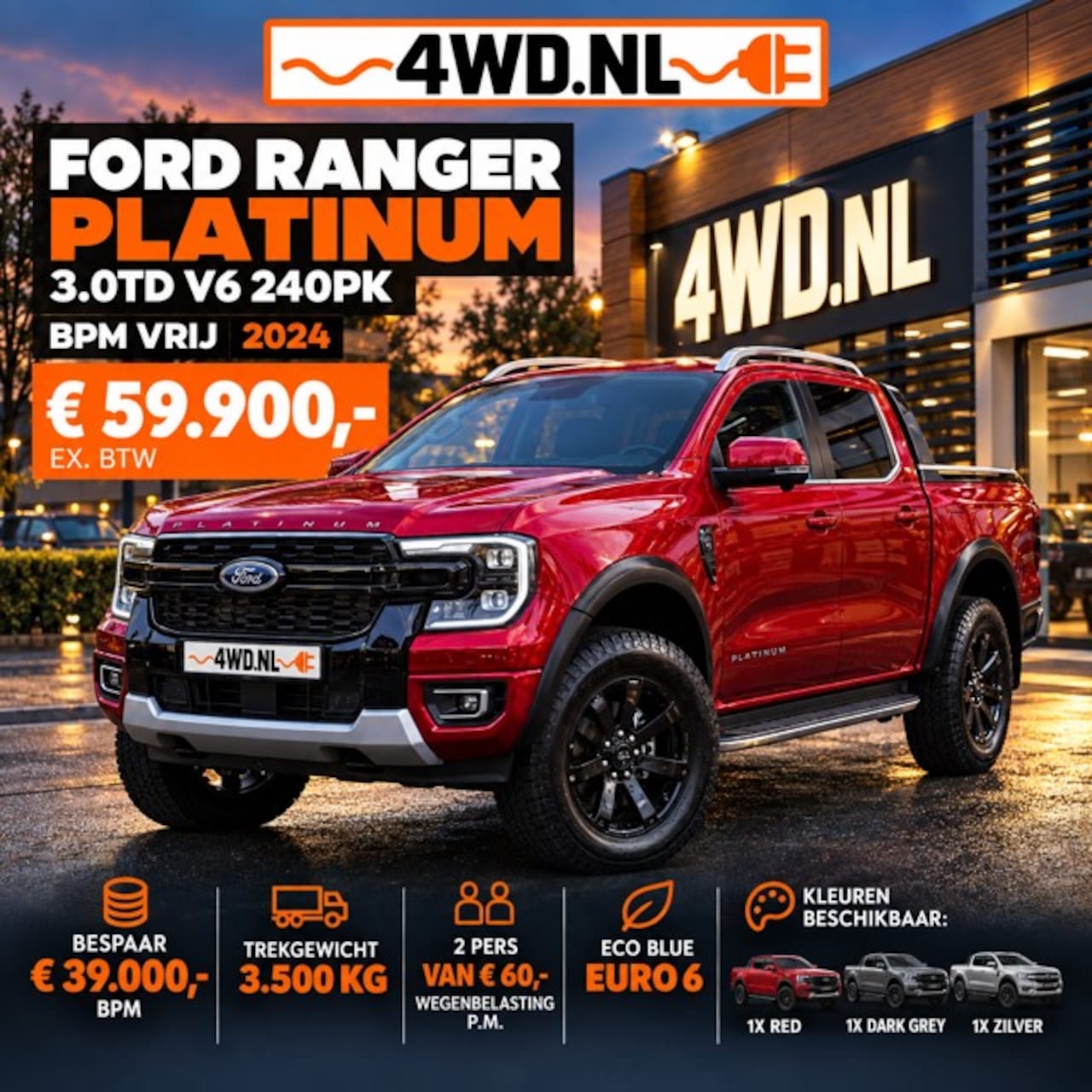 Ford Ranger - 3.0 V6 AUT DIESEL EURO 6 BPM VRIJ 2024 GRIJS KENTEKEN 3500 KG TREKHAAK V.A € 61900 EXCL Id - AutoWereld.nl