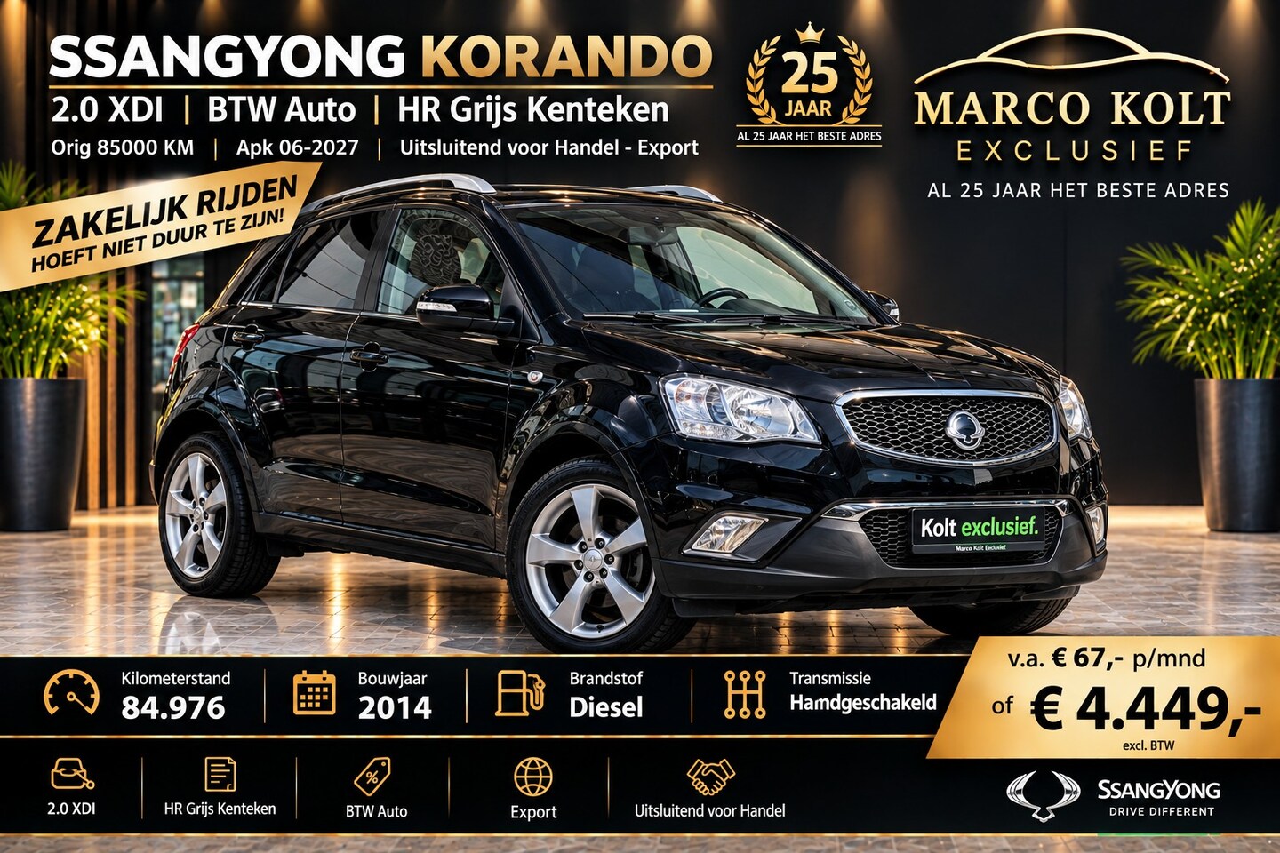 SsangYong Korando - 2.0 XDI ***BTW Auto*** | HR Grijs Kenteken | Orig 85000 KM | Apk 06-2027 | Uitsluitend voo - AutoWereld.nl