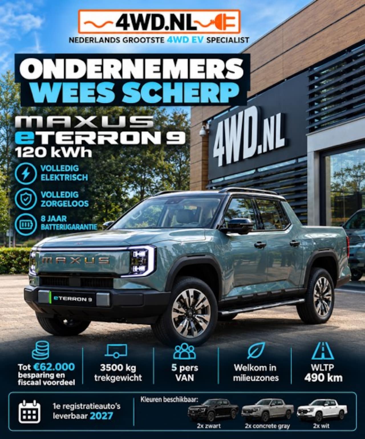 Maxus eTerron 9 - eTerron 9 102 kWh Premium 3500 kg trekgewicht WLTP 490 KM financiële en fiscale besparing - AutoWereld.nl
