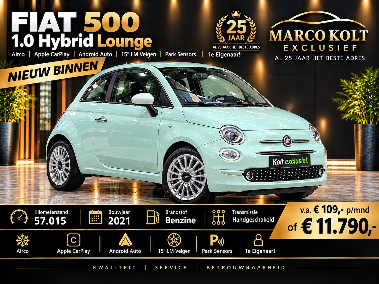 Fiat 500 - 1.0 Hybrid Lounge Airco / Apple Carplay / Android Auto / 15" LM Velgen / Park Sensors / 1e - AutoWereld.nl