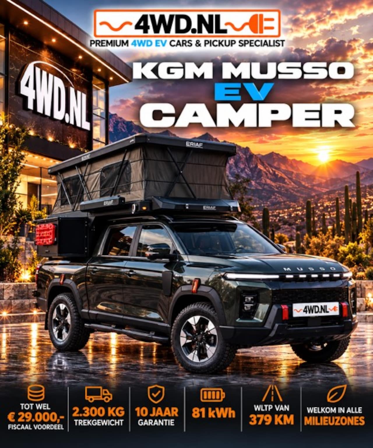 KGM Musso EV - 4WD -81KWh- WLTP 379 KM - FISCAAL ZEER VOORDELIG - V.A € 38.000 EXCL Opbouw CANOPY DAKTENT - AutoWereld.nl