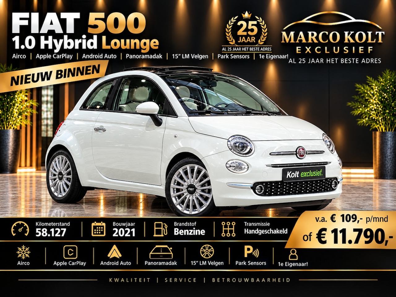 Fiat 500 - 1.2 Lounge / Airco / Panoramadak / Park Sensors / 58000 KM / 15" LM Velgen / WW Glas / Nie - AutoWereld.nl