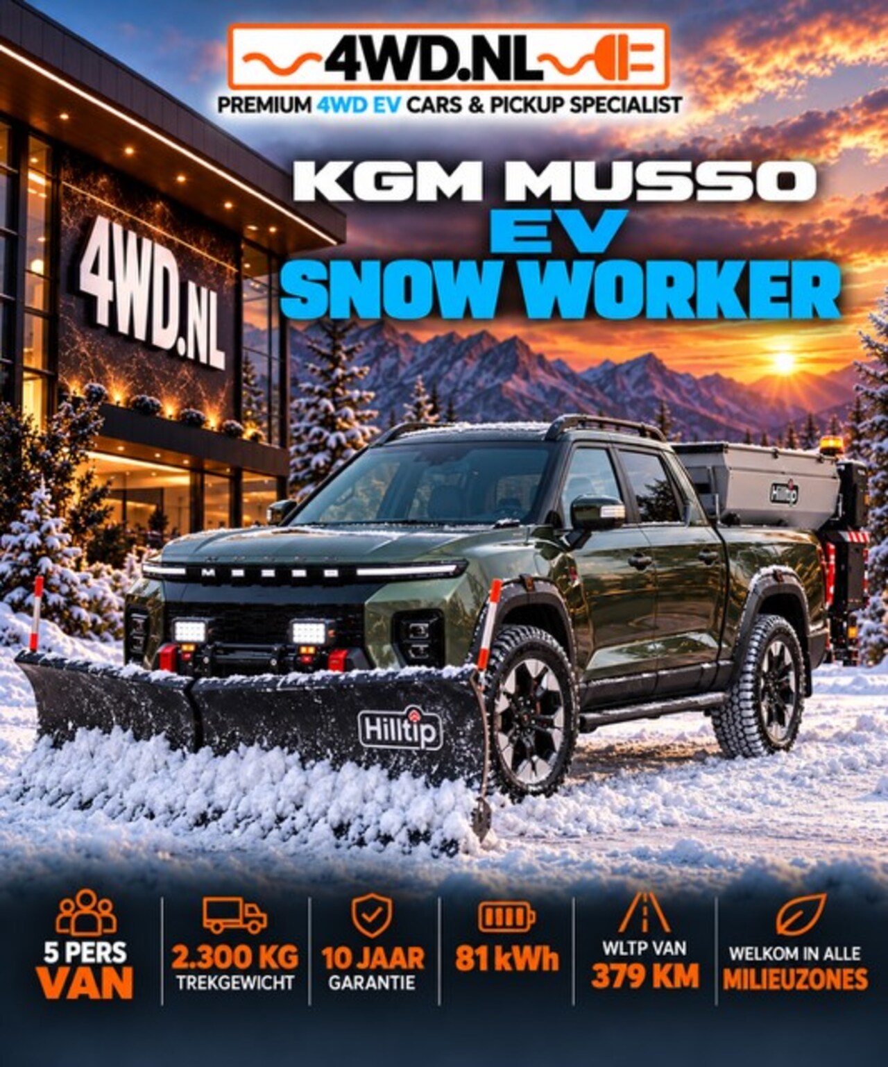 KGM Musso EV - KGM SNOW WORKER EV 81KWH 5 PERS VAN volledig electrisch WLTP 379 KM 2300 KG v.a € 39.000 e - AutoWereld.nl