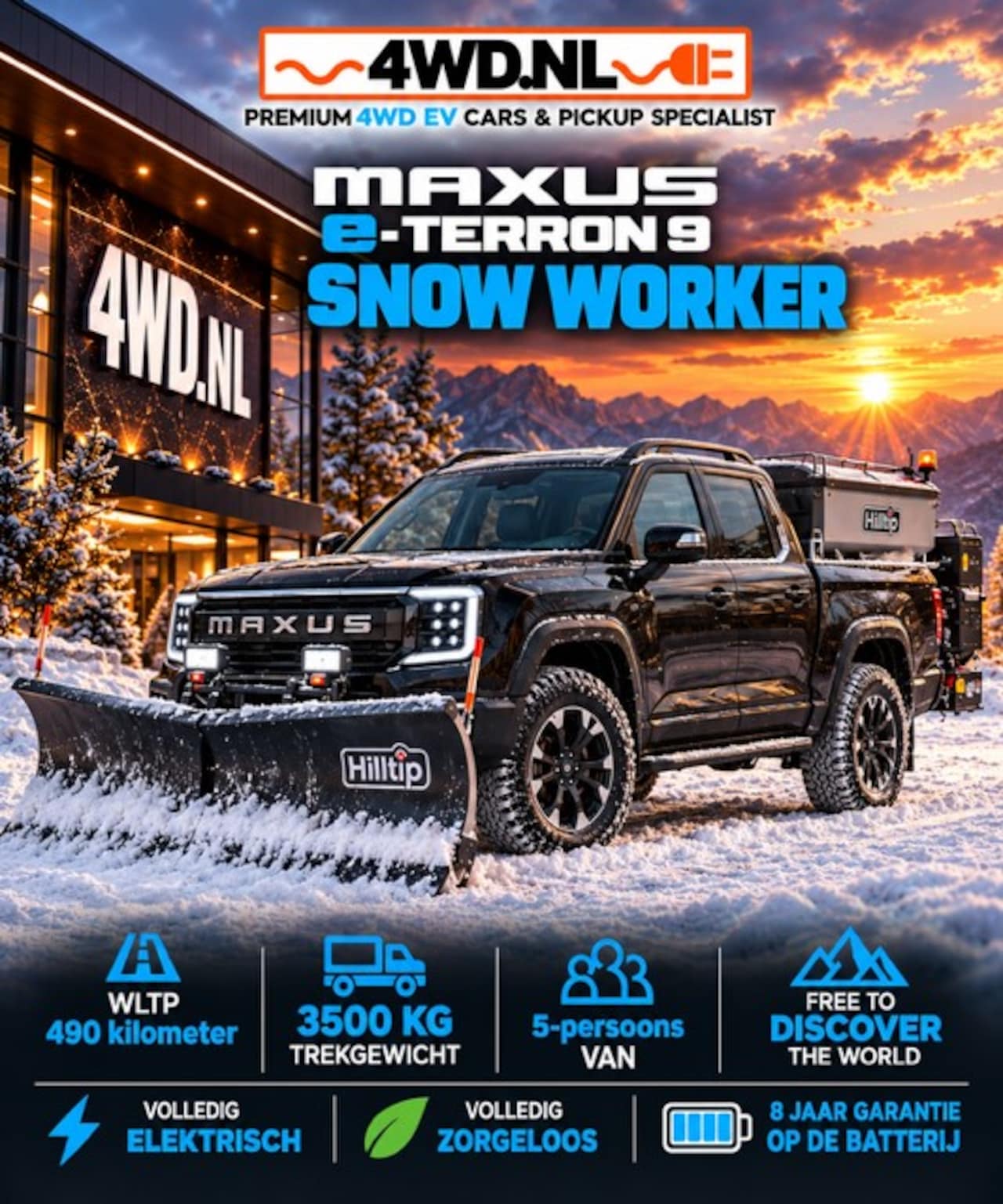 Maxus eTerron 9 - 4WD eTerron 9 102 kWh Premium SNOW WORKER WLTP 490 KM V.A € 59.000 EXCL Volledig electrisc - AutoWereld.nl