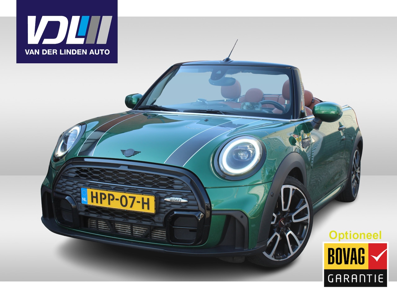 MINI Cabrio - 1.5 Cooper John Cooper Works l Britisch racing green l Chester bruin leer l PDC l Stoelver - AutoWereld.nl